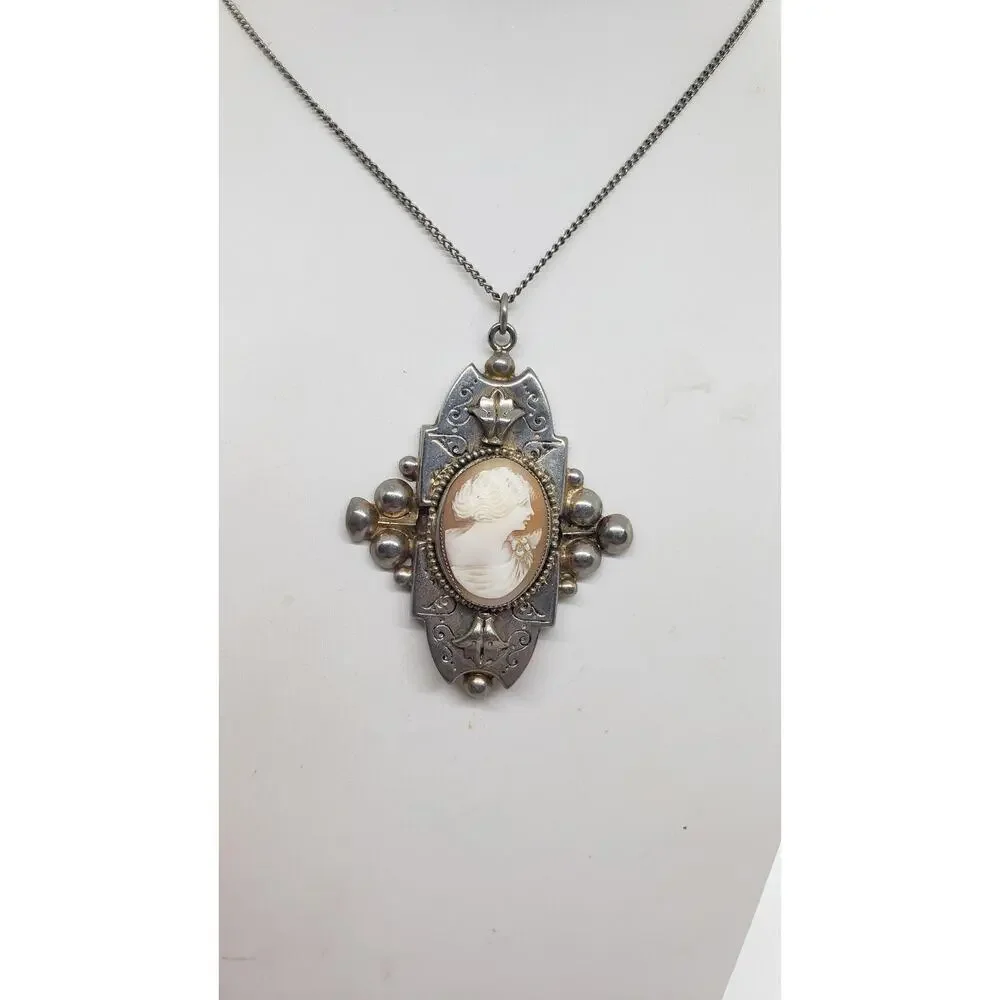 Vintage Cameo Pendant Necklace Silver Tone Ornate Art Deco Intaglio Large